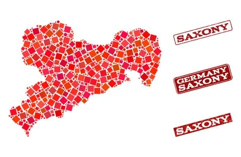 Composition of Red Mosaic Map of Saxony State and Grunge Rectangle Stamps Stockillustratie