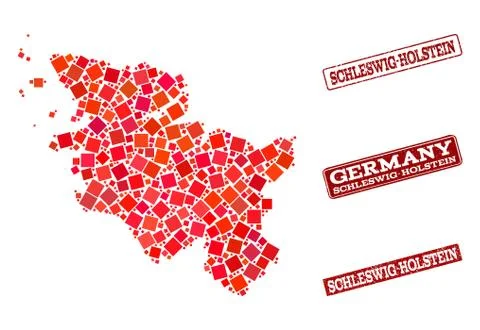 Composition of Red Mosaic Map of Schleswig-Holstein State and Grunge Rectangle Stock Illustration