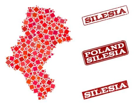 Composition of Red Mosaic Map of Silesia Province and Grunge Rectangle Stamps 스톡 일러스트