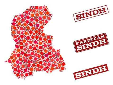 Composition of Red Mosaic Map of Sindh Province and Grunge Rectangle Stamps Illustrazione stock