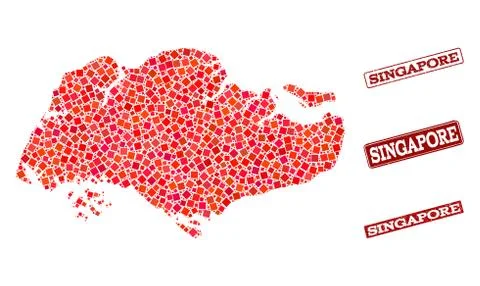 Composition of Red Mosaic Map of Singapore and Grunge Rectangle Stamps Stock Illustration