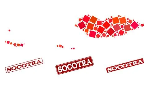 Composition of Red Mosaic Map of Socotra Archipelago and Grunge Rectangle Stamps 스톡 일러스트