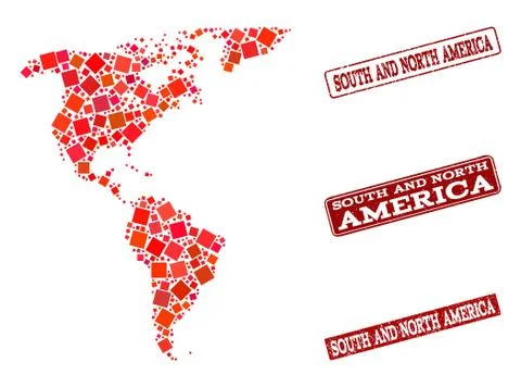 Composition of Red Mosaic Map of South and North America and Grunge Rectangle 스톡 일러스트