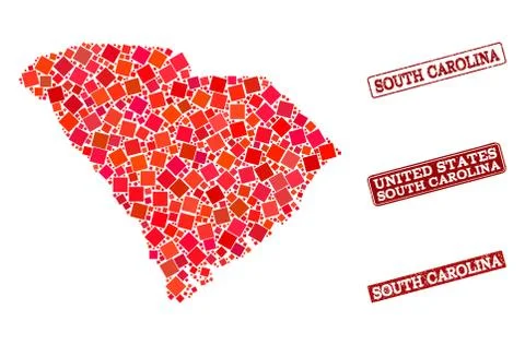 Composition of Red Mosaic Map of South Carolina State and Grunge Rectangle Stock Illustration