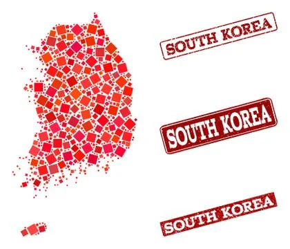 Composition of Red Mosaic Map of South Korea and Grunge Rectangle Stamps Stock Illustration