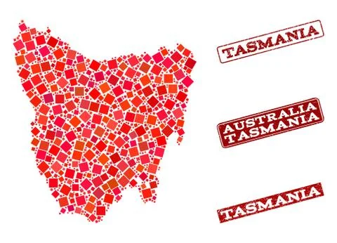 Composition of Red Mosaic Map of Tasmania Island and Grunge Rectangle Stamps Stock Illustration