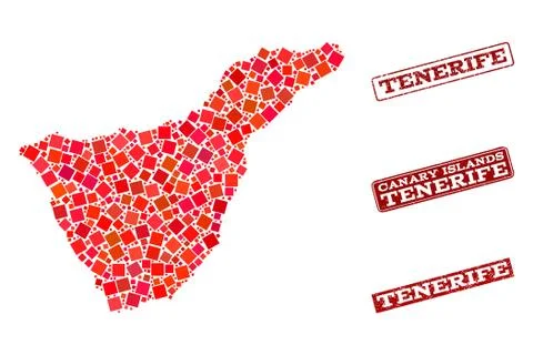 Composition of Red Mosaic Map of Tenerife Island and Grunge Rectangle Stamps Stock Illustration