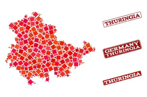 Composition of Red Mosaic Map of Thuringia State and Grunge Rectangle Stamps イラスト素材