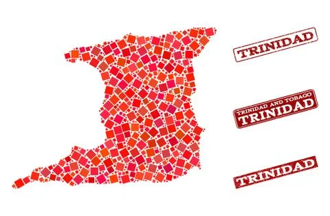 Composition of Red Mosaic Map of Trinidad Island and Grunge Rectangle Stamps Stock Illustration