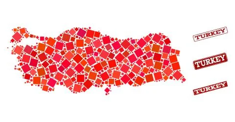 Composition of Red Mosaic Map of Turkey and Grunge Rectangle Stamps Illustrazione stock