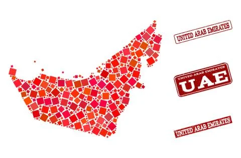 Composition of Red Mosaic Map of United Arab Emirates and Grunge Rectangle Illustrazione stock