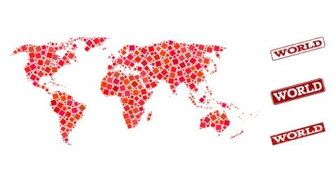 Composition of Red Mosaic Map of World and Grunge Rectangle Stamps Stock Illustration