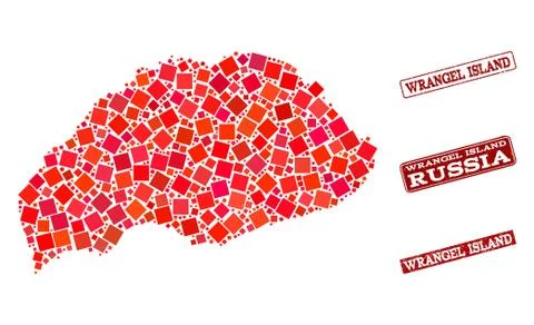 Composition of Red Mosaic Map of Wrangel Island and Grunge Rectangle Stamps Stock Illustration