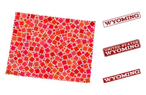 Composition of Red Mosaic Map of Wyoming State and Grunge Rectangle Stamps Stock Illustration