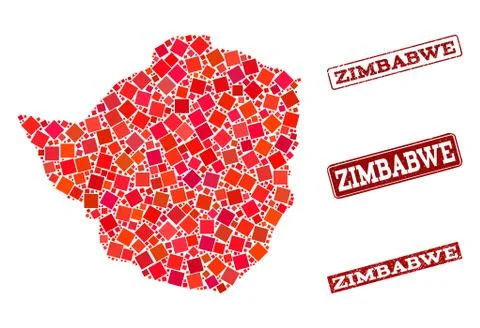 Composition of Red Mosaic Map of Zimbabwe and Grunge Rectangle Stamps Stock Illustration