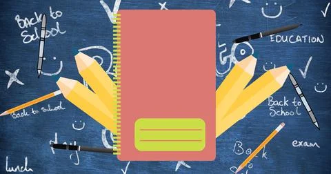 Composition of red notebook and yellow pencils over chalkboard with school Stock Illustration