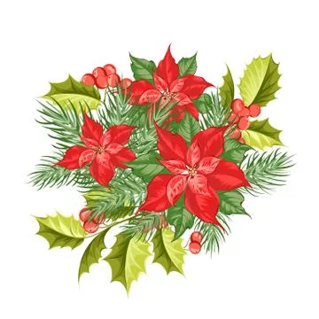 Composition of red poinsettia flower isolated over white background. Stock Illustration