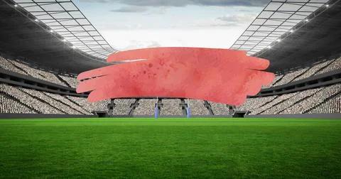 Composition of red squiggle with copy space over empty sports stadium with rugby Stock Illustration