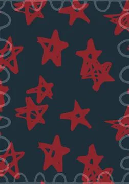 Composition of red stars and grey squiggles on black background Stock Illustration