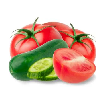Composition of red tomatoes and cucumber isolated on a white background Stock Photos