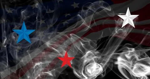 Composition of red, white and blue stars and smoke over american flag billowing Stock Illustration