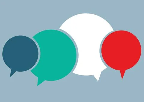 Composition of red, white, blue and green empty speech bubbles on grey Illustrazione stock