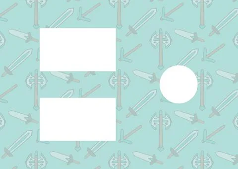Composition of repeated sword and axe design on pale blue with rectangular and Stock Illustration