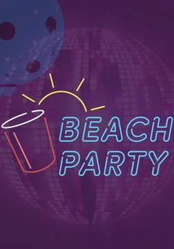 Composition of retro beach party text over purple mirror disco ball Stock Illustration