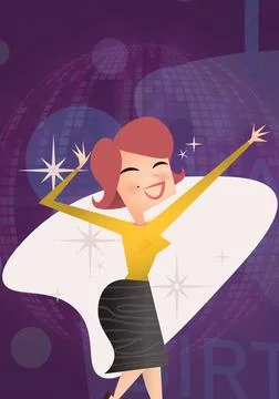 Composition of retro dancing woman over purple mirror disco ball Stock Illustration