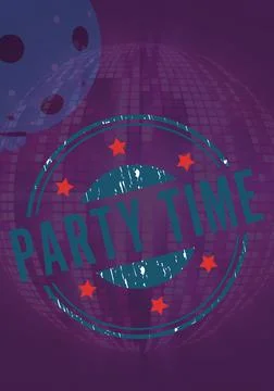 Composition of retro party time text over purple mirror disco ball Stock Illustration