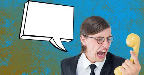 Composition of retro speech bubble with copy space, screaming man holding retro Stock Photos