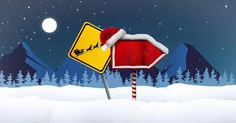 Composition of road signs over winter landscape Ilustração Stock