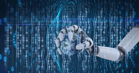 Composition of robot's arm over flowing binary coding processing 库存插图