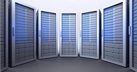 Composition of row of blue lit computer servers Ilustração Stock