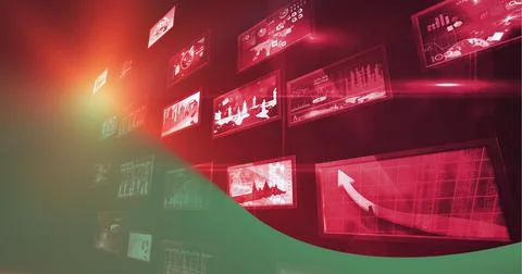 Composition of rows of digital screens with data processing with green edge and Foto stock