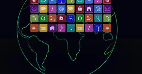 Composition of rows of multi coloured digital icons over green globe outline on Ilustração Stock