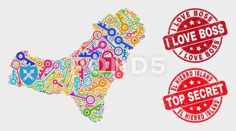 Composition of Safeguard El Hierro Island Map and Scratched I Love Boss Stamp Stock Illustration