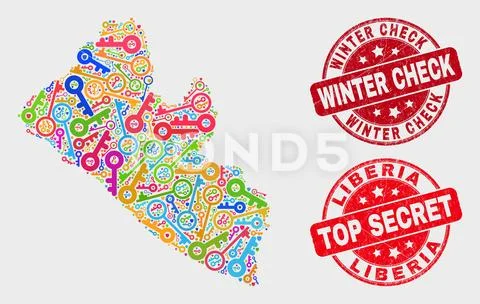 Composition of Safeguard Liberia Map and Scratched Winter Check Stamp Seal Stock Illustration