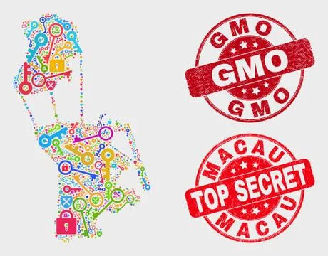 Composition of Safeguard Macau Map and Grunge GMO Watermark Stock Illustration