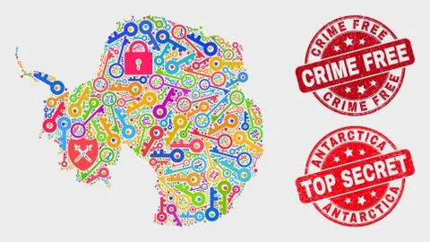 Composition of Safety Antarctica Continent Map and Scratched Crime Free Stamp 스톡 일러스트