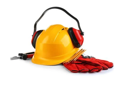 Composition with safety equipment and construction tools on white background Stock Photos