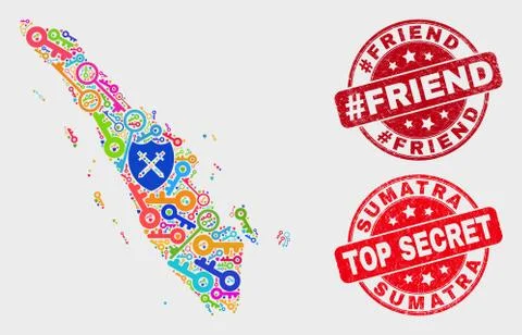 Composition of Safety Sumatra Map and Distress #Friend Stamp Seal 스톡 일러스트
