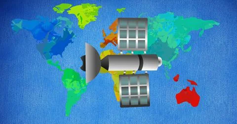 Composition of satellite on multi coloured world map over blue background Ilustração Stock