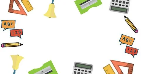 Composition of school items with copy space in middle on white background Ilustração Stock