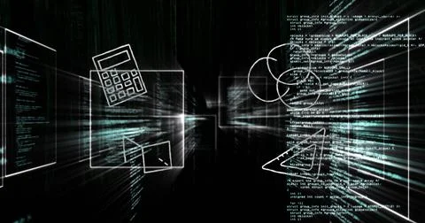 Composition of school items icons and data processing on black background Stock Illustration