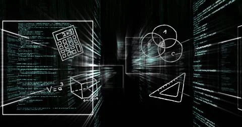 Composition of school items icons and data processing on black background Stock Illustration