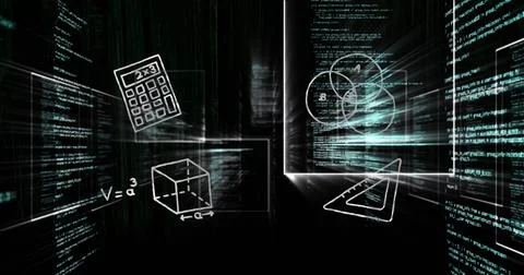 Composition of school items icons and data processing on black background Stock Illustration