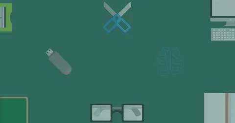 Composition of school study equipment and electronics on green chalkboard Illustrazione stock