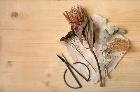 Composition with scissors and beautiful dried flowers on wooden background Stock Photos