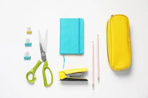 Composition with scissors and school stationery on white background, top view 스톡 사진